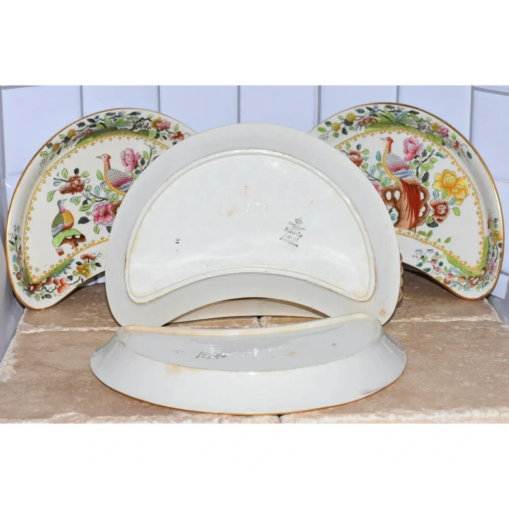 Antique Spode Copeland T. Goode & Co Flowers & Pheasant Birds Crescent Plates